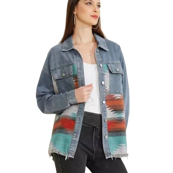 Denim Southwest Western Mixed Media Shacket Flap Pockets Raw Hem Size XL - Picture 5 of 11